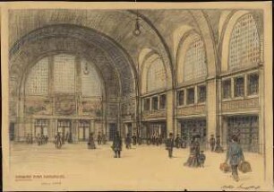 Empfangshalle Bahnhof Karlsruhe: Perspektivische Innenansicht