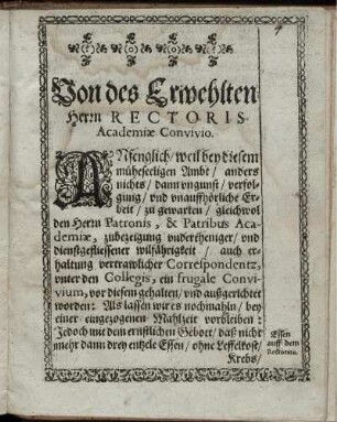 Von des Erwehlten Herrn Rectoris Academiae convivio
