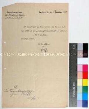 Brief des Generaldirektors der Königlichen Museen zu Berlin an den Sammlungsaufseher Herrn Pischke über sein zu erwartendes pensionsfähiges Gehalt für das Jahr 1911