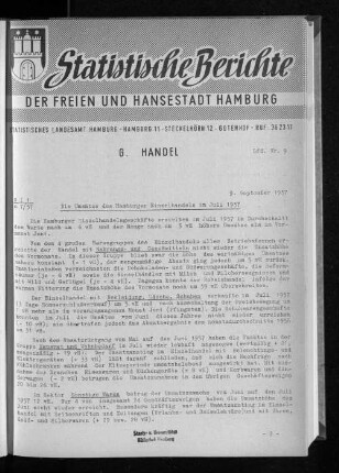Die Umsätze des Hamburger Einzelhandels im Juli 1957 : Lfd. Nr. 9