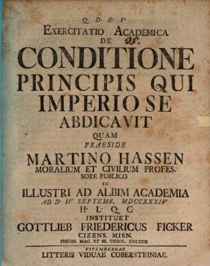 Exercitatio acad. de conditione principis qui Imperio se abdicavit