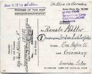 Vordruckpostkarte aus einem britischen Kriegsgefangenenlager - Personenkonvolut