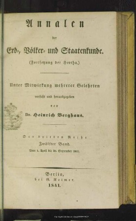 3.Ser.12.1841+Index: Annalen der Erd-, Völker- und Staatenkunde