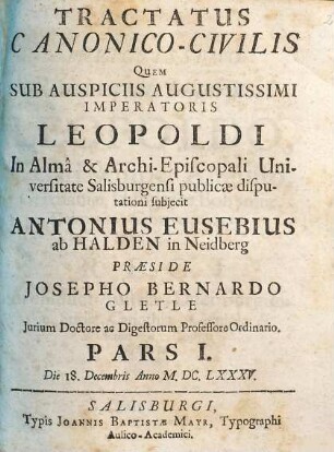 Tractatus Canonico-Civilis, Pars I.