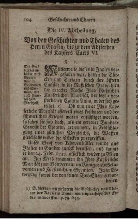 Die IV. Abtheilung, Von den Geschichten und Thaten des Herrn Grafen, bis zu dem Absterben des Kaysers Carls VI.
