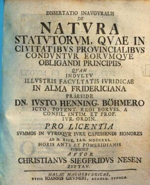 Dissertatio Inavgvralis De Natvra Statvtorvm, Qvae In Civitatibvs Provincialibvs Condvntvr Eorvmqve Obligandi Principiis