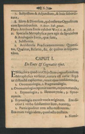 Caput I. De Ente & Cognatis ejus.