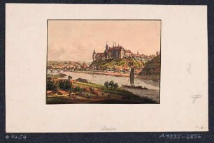 Stadtansicht von Meißen, Blick von Norden über die Elbe auf die Brücke (fünfter Zustand 1815 bis 1866), die Altstadt und den Burgberg mit Albrechtsburg und Dom