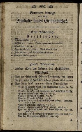 Genauere Anzeige von dem Innhalte dieses Gesangbuches.