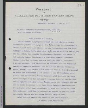 Brief von Helene Lange an die G. Braunsche Hofbuchdruckerei, Karlsruhe