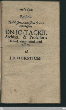 Epistola Nobilissimi, Clarissimi & Excellentissimi Dn. Jo. Tackii