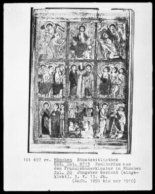 Psalterium aus einem Benediktinerkloster — Jüngstes Gericht in neun Feldern, Folio 20recto