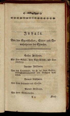 Inhalt. Von den Eigenschaften, Sitten und Gewohnheiten der Chinesen.