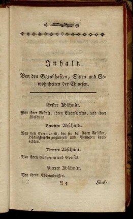 Inhalt. Von den Eigenschaften, Sitten und Gewohnheiten der Chinesen.