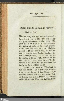 Pastor Reinicke an Henriette Millfurt