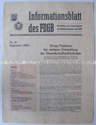 Informationsblatt des FDGB-Bundesvorstandes u.a. zur Jugend- und Kulturarbeit