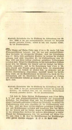 Allerhöchste Kabinetsordre über die Einführung der Städteordnung vom 19. Nov. 1808