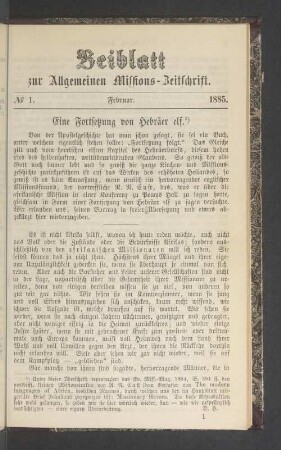 Beiblatt N° 1. Februar. 1885