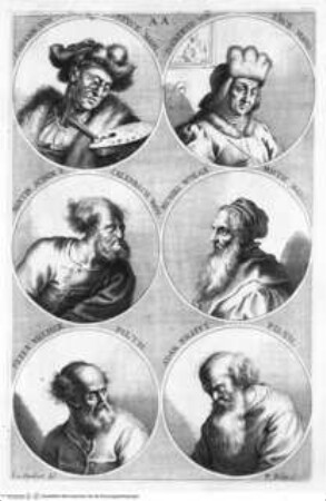 L'Academia Todesca della Architettura, Scultura e pittura: Oder Teutsche Academie der Edlen Bau- Bild- und Mahlerey-Künste:..., 2. Teil, 3. Buch, 1. Kapitel, Tafel AA: Iohann von Eyck Mahl, Huberto von Eyck Mahl, Martin Schön v. Calenbach Mahl, Michael Wolgemuth Mahl, Peter Vischer Pilth, Adam Krafft Pilth