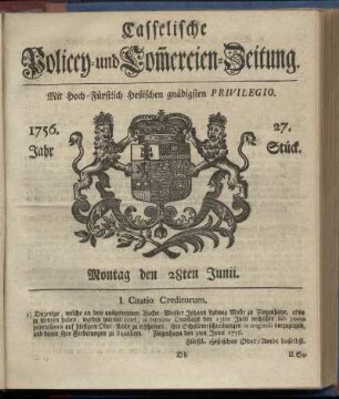 27. Stueck, Montag den 28ten Junii 1756