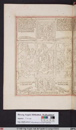 Drei biblische Szenen umgeben von vier Propheten. Mittig: Verspottung Christi (Dornenkrönung). Links: Die Trunkenheit Noahs. Rechts: Elisa verflucht die spottenden Knaben.