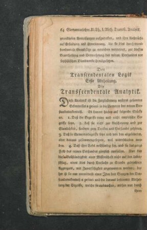 Erste Abtheilung. Die Transscendentale Analytik
