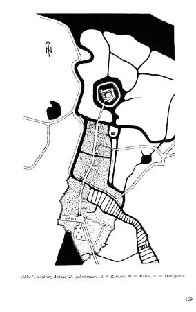 Abb. 7. Harburg Anfang 17. Jahrhundert. R = Rathaus, M = Mühle, + = Fundplätze