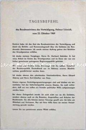 Tagesbefehl des Bundesministers der Verteidigung, Helmut Schmidt, vom 23. Oktober 1969