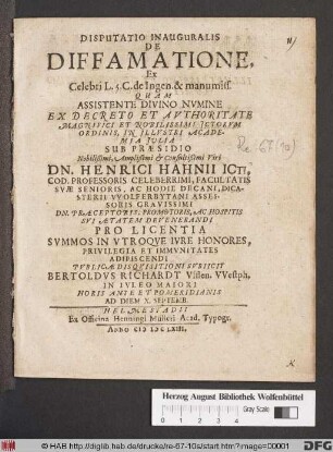 Disputatio Inauguralis De Diffamatione : Ex Celebri L. 5. C. de Ingen. & manumiss.