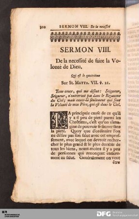 Sermon VIII. De la necessité de faire la Volonté de Dieu.