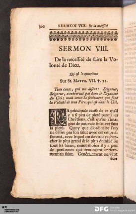 Sermon VIII. De la necessité de faire la Volonté de Dieu.
