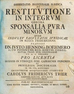 Dissertatio Inavgvralis Ivridica De Restitvtione In Integrvm Contra Sponsalia Pvra Minorvm