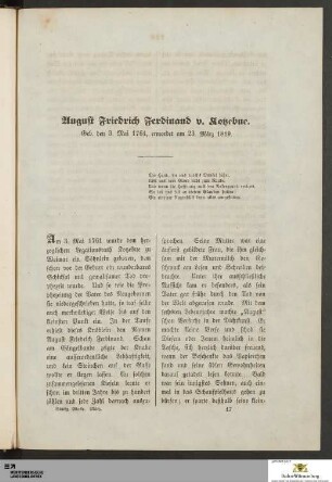 August Friedrich Ferdinand v. Kotzebue. Geb. den 3. Mai 1761, ermordet am 23. März 1819