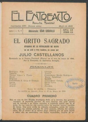 1922000109: El grito sagrado : episodio de la Revolución de Mayo ; en un acto y tres cuadros