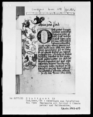 Gebetbuch aus Zwiefalten — Initiale O (beate petre) und Teilbordüre, Folio 190verso