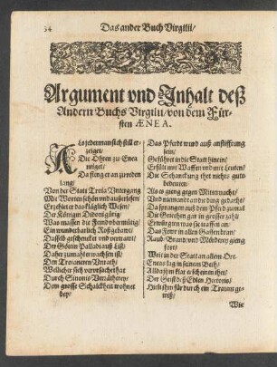 Argument und Inhalt deß Andern Buchs Virgilii/ von dem Fürsten Aenea.