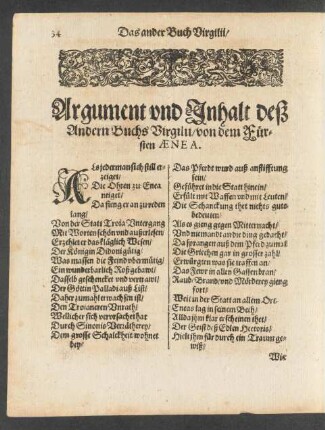 Argument und Inhalt deß Andern Buchs Virgilii/ von dem Fürsten Aenea.