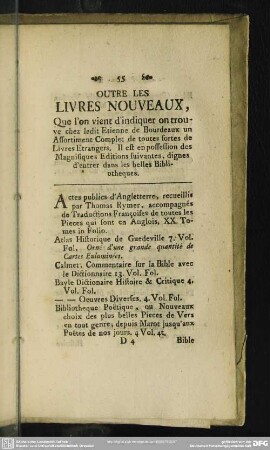 Outre Les Livres Nouveaux, Que l´on vient d´indiquer on trouve chez ledit Etienne de Bourdeaux un Assortiment Complet de toutes sortes de Livres Etrangers ...