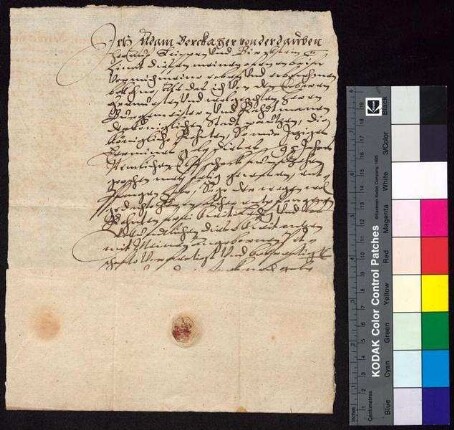 Adam Berka von Duba auf Böhmisch Leipa (Leippen) und Bürgstein (Birckstein) bestätigt Bürgermeister und Rat der Stadt Bautzen den Empfang der königlichen Jahrrente, die zu Galli 1595 zu entrichten war.