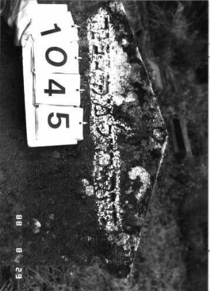 Grabstein 1045 (Index: 100098958) Maße HxBxT: 120x64x12 cm Besonderheit: kulturhistorisch wertvoll / hist.-wiss. Gründe (Gemeindestellung): Grabstein 1045 (Detailaufnahme)
