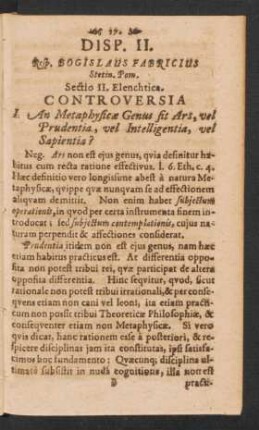 Disp. II. Resp. Bogislaus Fabricius Sectio II. Elenchtica.