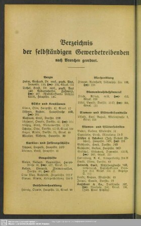 Berufsklassen und Gewerbebetriebe : Verzeichnis der selbständigen Gewerbetreibenden nach Branchen geordnet