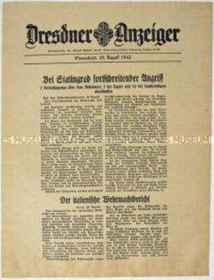 Nachrichtenblatt "Dresdner Anzeiger" mit Meldungen des Oberkommandos der Wehrmacht und des italienischen Oberkommandos u.a. zur Schlacht um Stalingrad