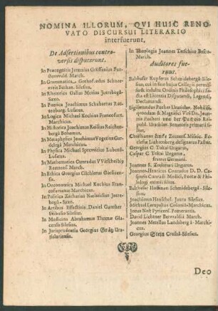 Nomina Illorum, Qui Huic Renovato Discursui Literario interfuerunt.