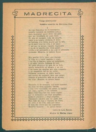 Madrecita : Tango sentimental. Notable creación de Mercedes Díaz.