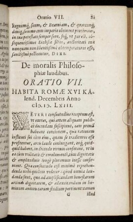De moralibus Philosophiæ laudibus. Oratio VII.