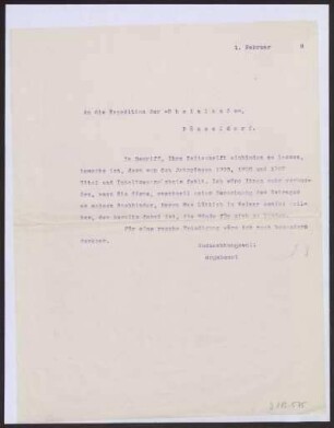 Schreiben an die Expedition der Rheinlande, Düsseldorf (Brief)