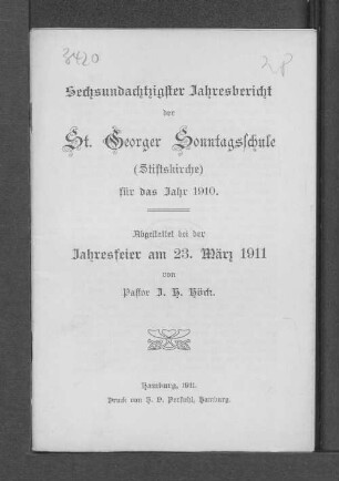86.1910(1911): Jahres-Bericht der St. Georger Sonntagsschule (Stiftskirche) für das Jahr ...