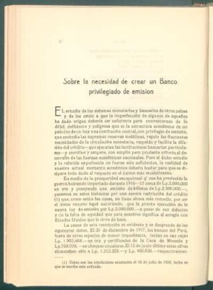 Sobre la necesidad de crear un Banco privilegiado de emisión