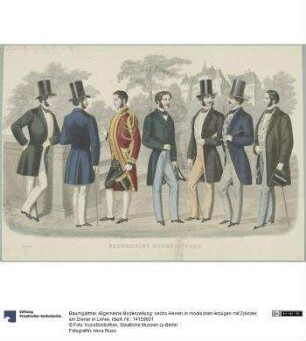 Allgemeine Modenzeitung: sechs Herren in modischen Anzügen mit Zylinder, ein Diener in Livree